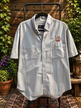 Coca Cola Light Gray Short Sleeve Button-Down Shirt with Red Stripes